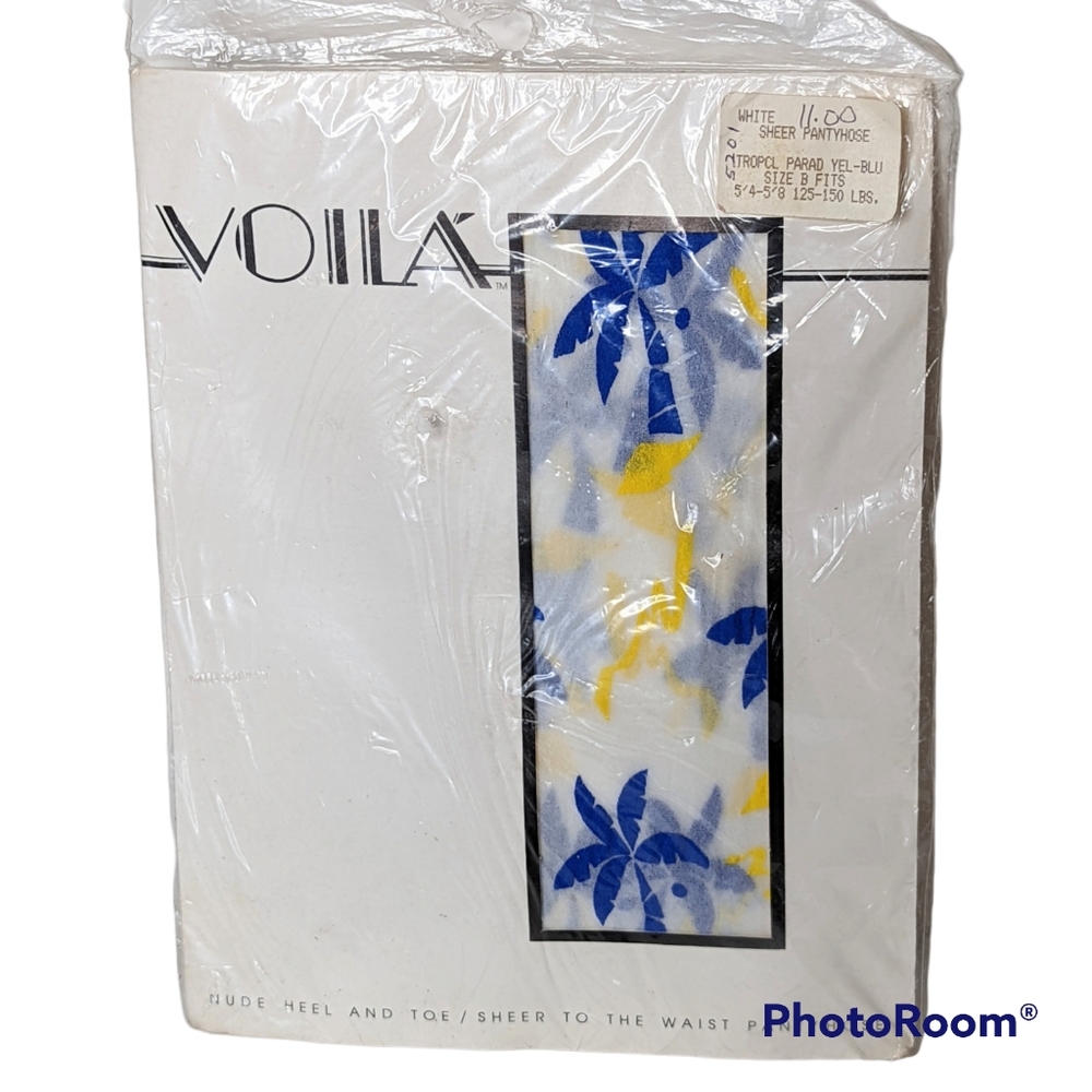 Vintage Viola Pantyhose Sz B Blue Palm Trees Yellow On White Opaque 1983 NOS